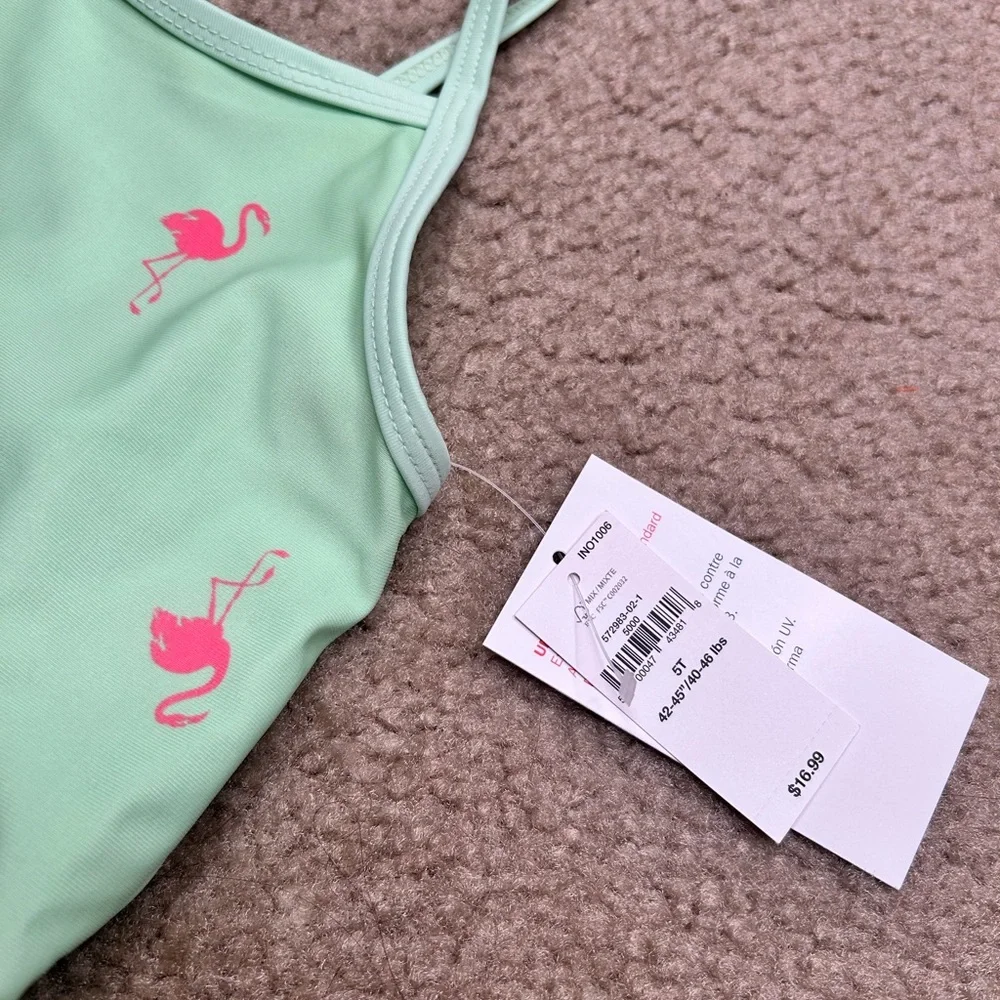 Old Navy Kids Swim One Piece - Mint Green with Pink Flamingos 5T